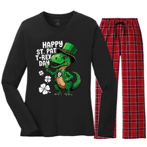 Happy St Pat T-Rex St Patricks Day Dinosaur Leprechaun Funny Women's Long Sleeve Flannel Pajama Set 