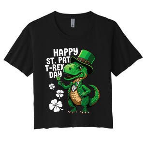 Happy St Pat T-Rex St Patricks Day Dinosaur Leprechaun Funny Women's Crop Top Tee