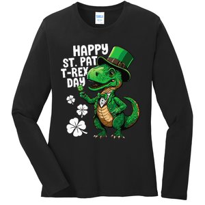 Happy St Pat T-Rex St Patricks Day Dinosaur Leprechaun Funny Ladies Long Sleeve Shirt