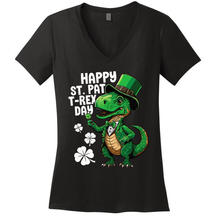 Happy St Pat T-Rex St Patricks Day Dinosaur Leprechaun Funny Women's V-Neck T-Shirt