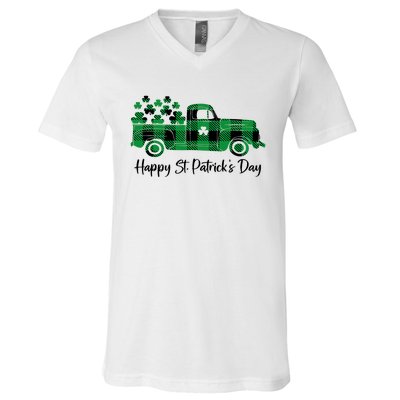 Happy St Patrick's Day Buffalo Plaid Truck Irish Shamrock V-Neck T-Shirt