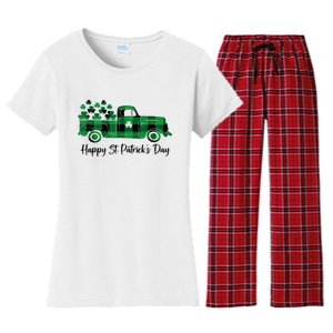 Happy St Patrick's Day Buffalo Plaid Truck Irish Shamrock Women's Flannel Pajama Set