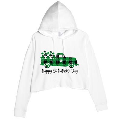 Happy St Patrick's Day Buffalo Plaid Truck Irish Shamrock Crop Fleece Hoodie