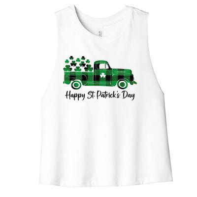 Happy St Patrick's Day Buffalo Plaid Truck Irish Shamrock Women's Racerback Cropped Tank