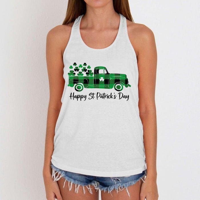 Happy St Patrick's Day Buffalo Plaid Truck Irish Shamrock Women's Knotted Racerback Tank