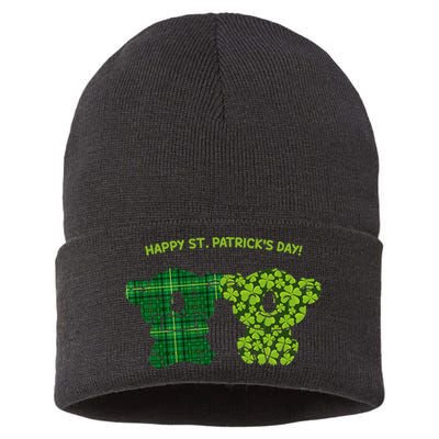 Happy St Patrick's Day Irish Kilt Shamrock Pattern Sustainable Knit Beanie