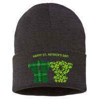 Happy St Patrick's Day Irish Kilt Shamrock Pattern Sustainable Knit Beanie