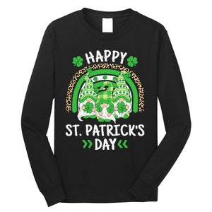 Happy St Patricks Day Leopard Rainbow Irish Gnomes Shamrock Long Sleeve Shirt