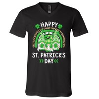 Happy St Patricks Day Leopard Rainbow Irish Gnomes Shamrock V-Neck T-Shirt