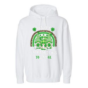 Happy St Patricks Day Leopard Rainbow Irish Gnomes Shamrock Garment-Dyed Fleece Hoodie