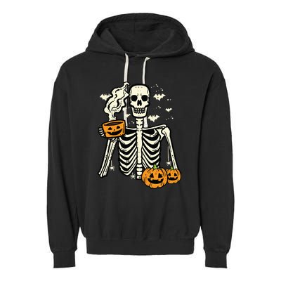 Halloween Skeleton Pumpkin Fall Coffee Fun Costume Women Garment-Dyed Fleece Hoodie