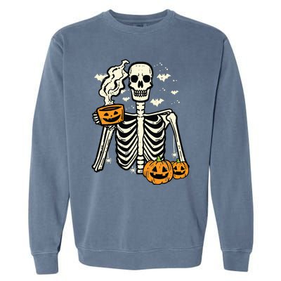 Halloween Skeleton Pumpkin Fall Coffee Fun Costume Women Garment-Dyed Sweatshirt