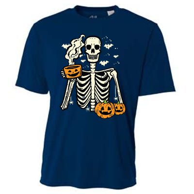 Halloween Skeleton Pumpkin Fall Coffee Fun Costume Women Cooling Performance Crew T-Shirt