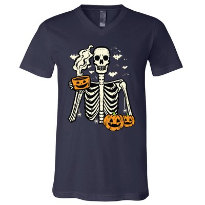 Halloween Skeleton Pumpkin Fall Coffee Fun Costume Women V-Neck T-Shirt