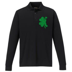 Happy St Patricks Day Clover Leaf Trump Distressed Performance Long Sleeve Polo