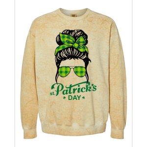 Happy St Patrick Day Funny Messy Bun Glasses Women Colorblast Crewneck Sweatshirt