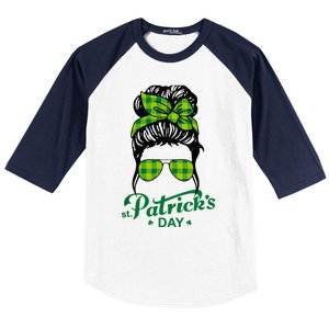 Happy St Patrick Day Funny Messy Bun Glasses Women Baseball Sleeve Shirt