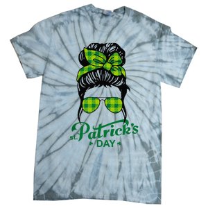 Happy St Patrick Day Funny Messy Bun Glasses Women Tie-Dye T-Shirt