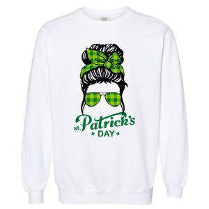 Happy St Patrick Day Funny Messy Bun Glasses Women Garment-Dyed Sweatshirt