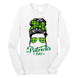 Happy St Patrick Day Funny Messy Bun Glasses Women Long Sleeve Shirt