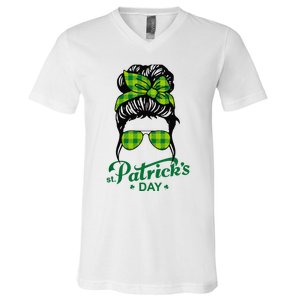 Happy St Patrick Day Funny Messy Bun Glasses Women V-Neck T-Shirt