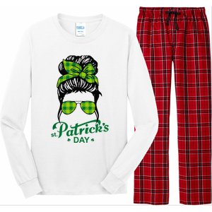 Happy St Patrick Day Funny Messy Bun Glasses Women Long Sleeve Pajama Set