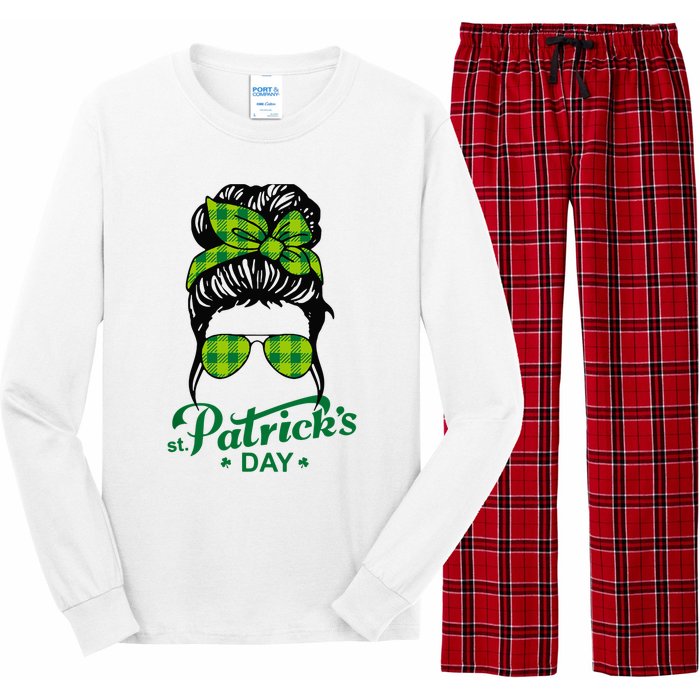 Happy St Patrick Day Funny Messy Bun Glasses Women Long Sleeve Pajama Set