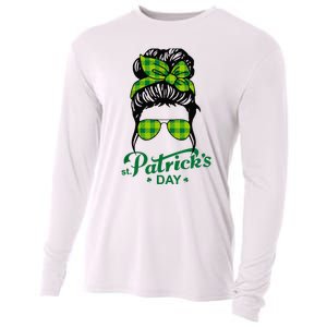 Happy St Patrick Day Funny Messy Bun Glasses Women Cooling Performance Long Sleeve Crew