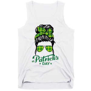 Happy St Patrick Day Funny Messy Bun Glasses Women Tank Top