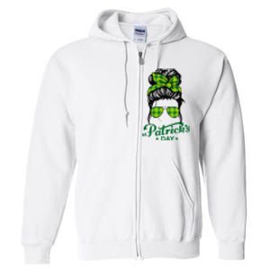 Happy St Patrick Day Funny Messy Bun Glasses Women Full Zip Hoodie