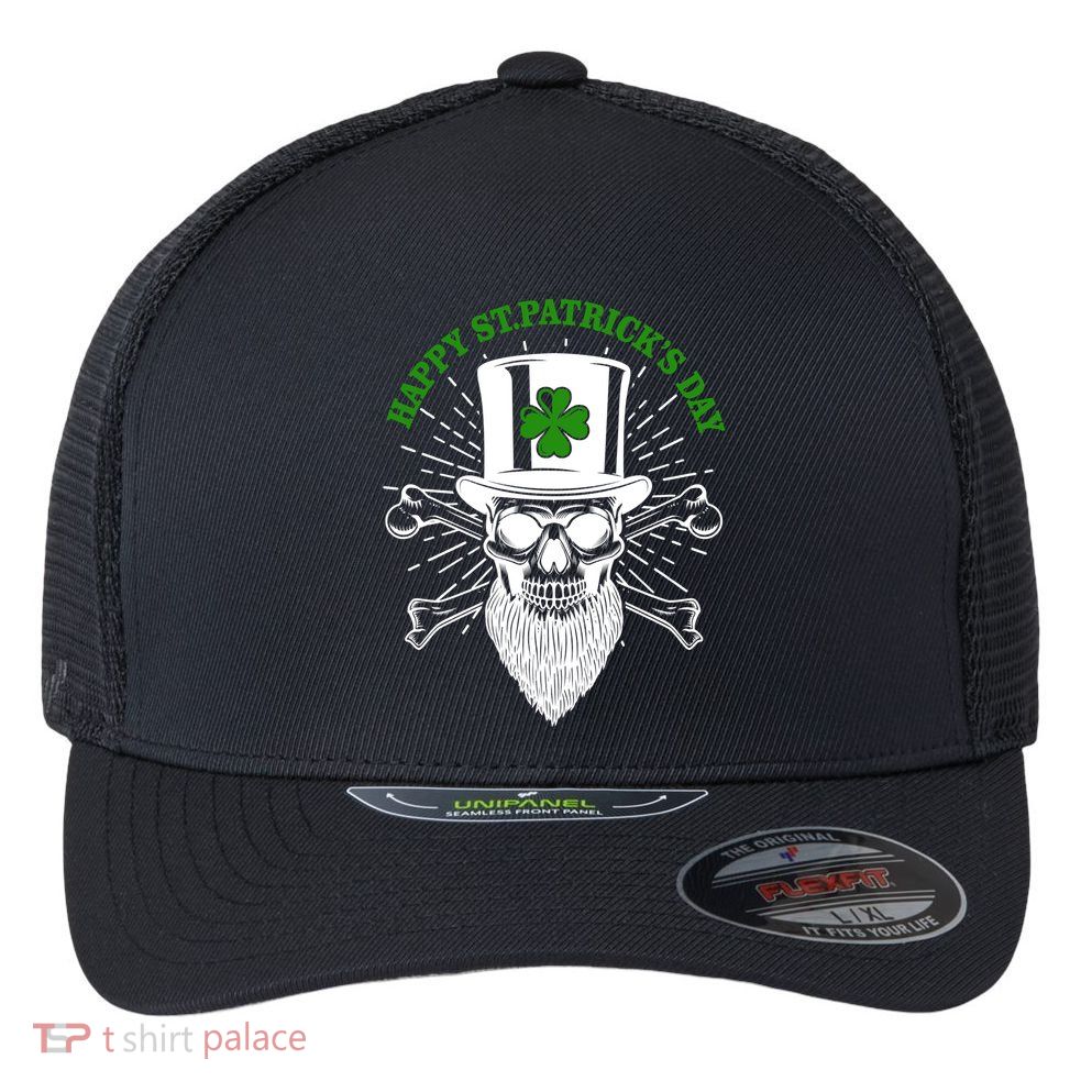 Happy St Patricks Day Irish Clover Skull Beard Flexfit Unipanel Trucker Cap