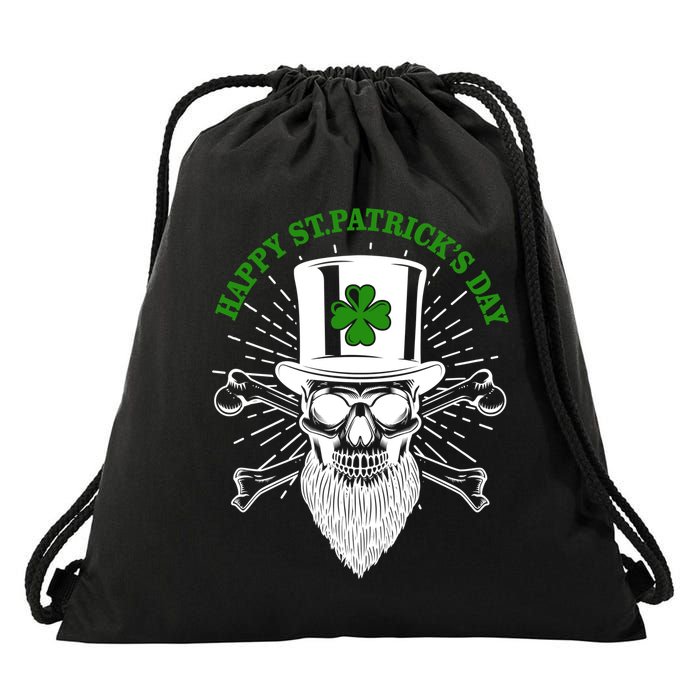 Happy St Patricks Day Irish Clover Skull Beard Drawstring Bag