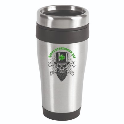 Happy St Patricks Day Irish Clover Skull Beard 16oz Travel Tumbler