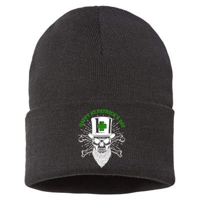 Happy St Patricks Day Irish Clover Skull Beard Sustainable Knit Beanie