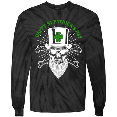 Happy St Patricks Day Irish Clover Skull Beard Tie-Dye Long Sleeve Shirt