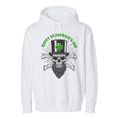 Happy St Patricks Day Irish Clover Skull Beard Garment-Dyed Fleece Hoodie