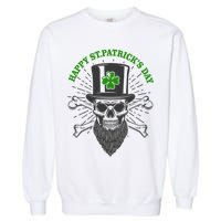 Happy St Patricks Day Irish Clover Skull Beard Garment-Dyed Sweatshirt