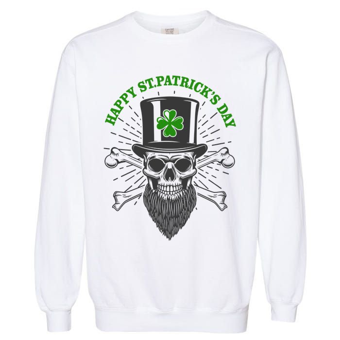 Happy St Patricks Day Irish Clover Skull Beard Garment-Dyed Sweatshirt