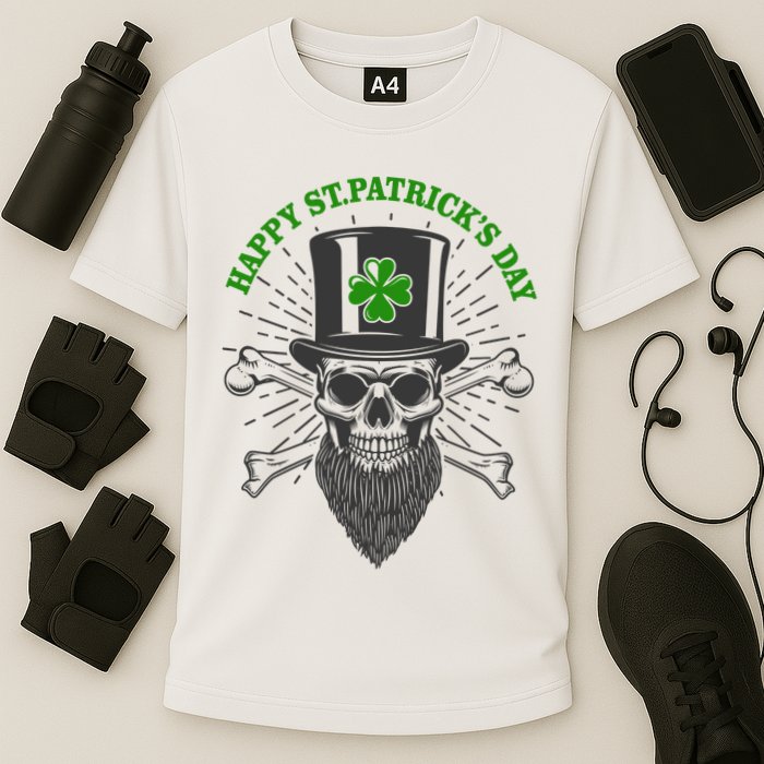 Happy St Patricks Day Irish Clover Skull Beard Performance Shirt