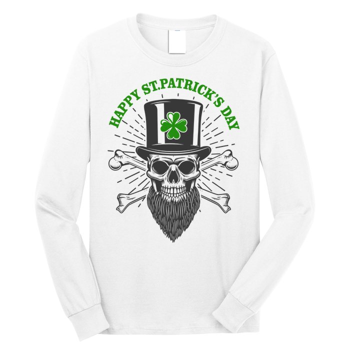 Happy St Patricks Day Irish Clover Skull Beard Long Sleeve Shirt