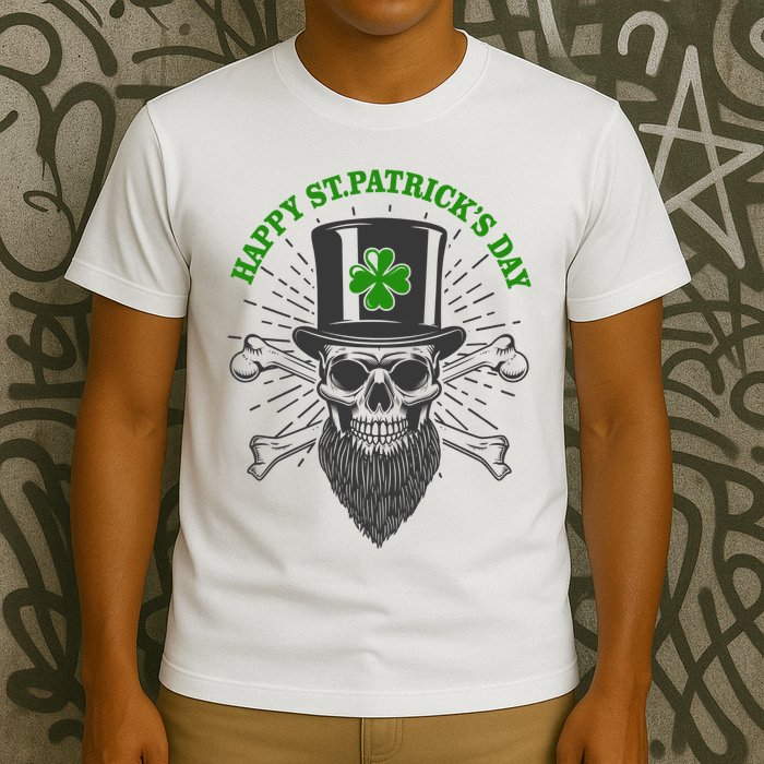 Happy St Patricks Day Irish Clover Skull Beard T-Shirt