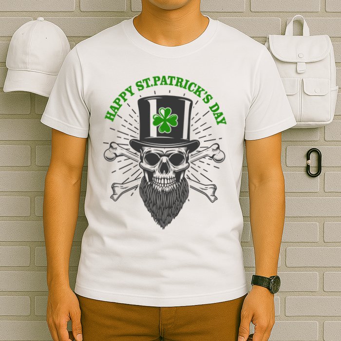 Happy St Patricks Day Irish Clover Skull Beard T-Shirt