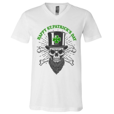 Happy St Patricks Day Irish Clover Skull Beard V-Neck T-Shirt
