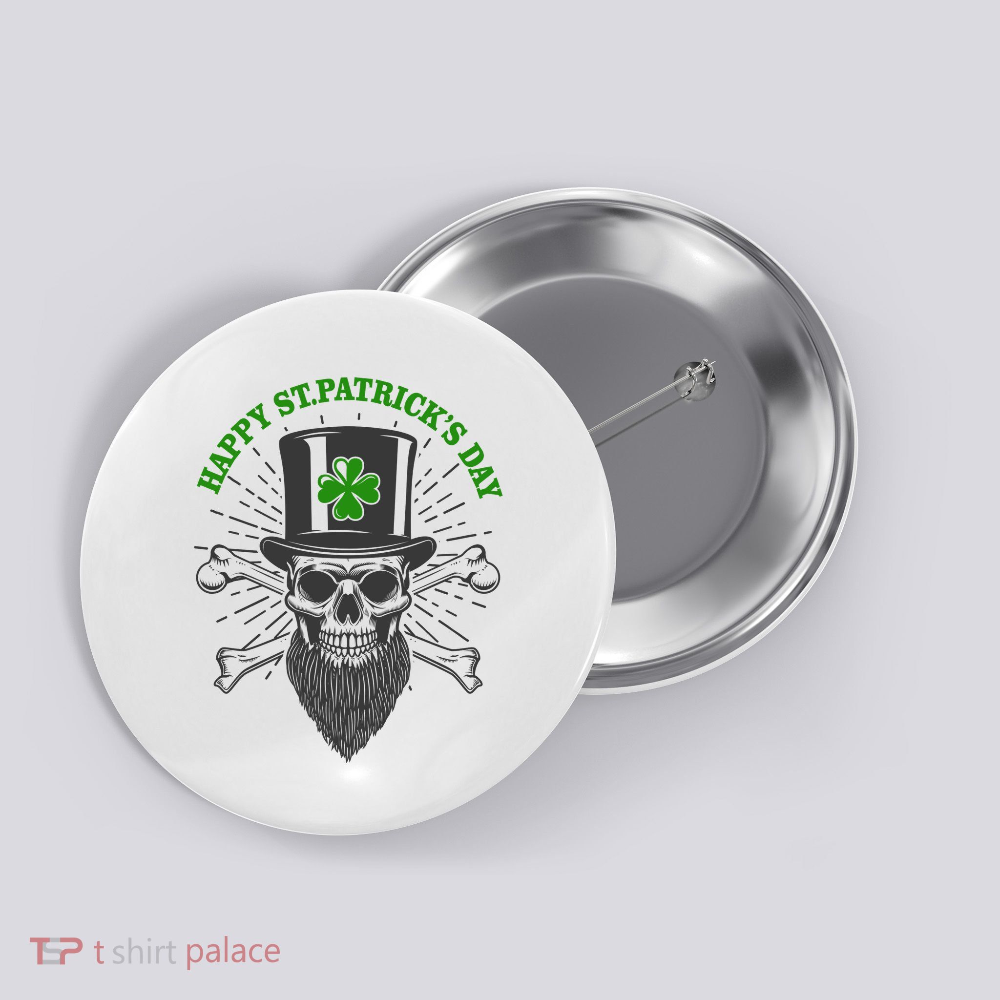 Happy St Patricks Day Irish Clover Skull Beard Button