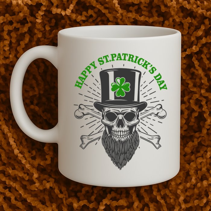 Happy St Patricks Day Irish Clover Skull Beard Mug
