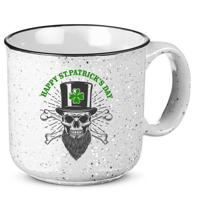 Happy St Patricks Day Irish Clover Skull Beard 15oz Campfire Ceramic Mug