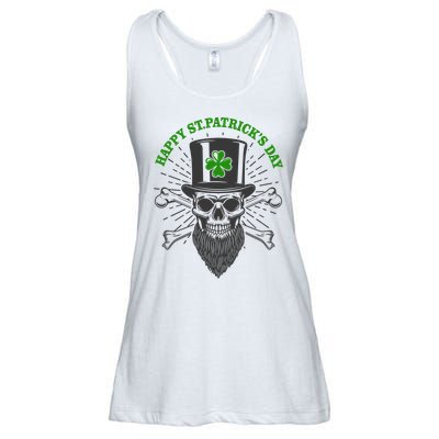 Happy St Patricks Day Irish Clover Skull Beard Ladies Essential Flowy Tank