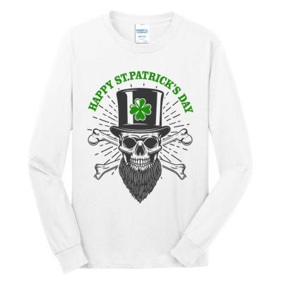 Happy St Patricks Day Irish Clover Skull Beard Tall Long Sleeve T-Shirt