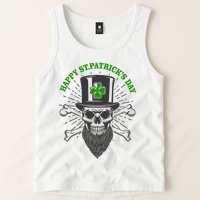 Happy St Patricks Day Irish Clover Skull Beard Tank Top