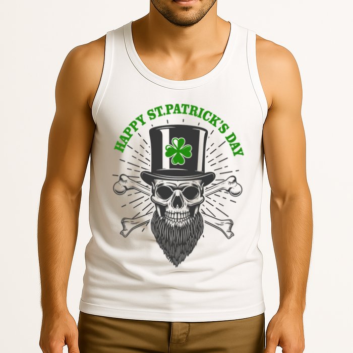 Happy St Patricks Day Irish Clover Skull Beard Tank Top